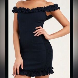 lulus size s Elati Ruffled Off The Shoulder Bodycon Linen Mini Dress Navy Blue